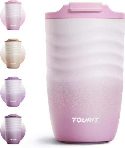 16 oz Insulated Travel Coffee Mug Stainless Steel Tumbler, Khaki | Vacuum insulated travel mug with ripple-wave anti-slip grip, leakproof lid & silicone bottom, fits standard car cup holders