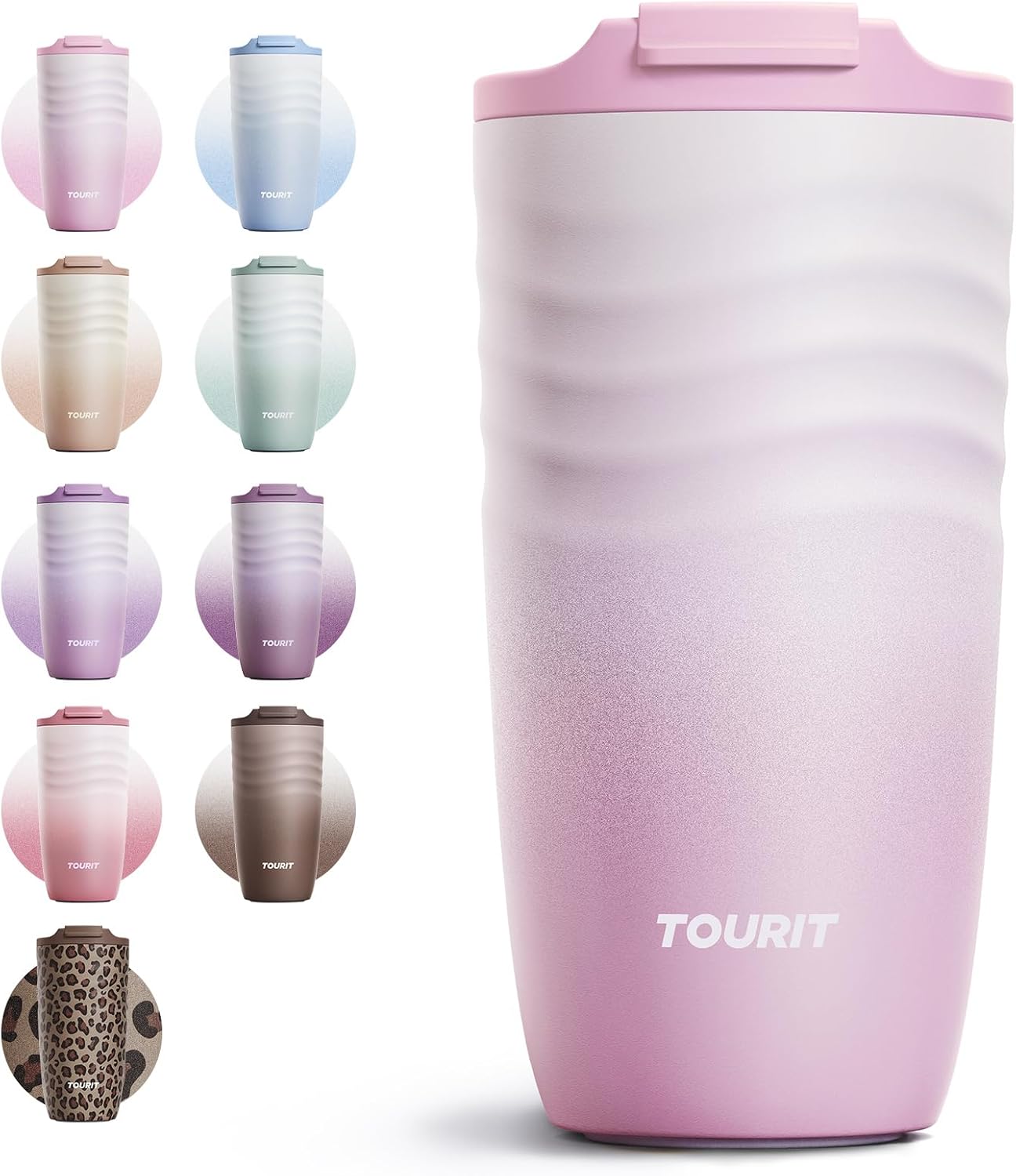 16 oz Insulated Travel Coffee Mug Stainless Steel Tumbler, Khaki | Vacuum insulated travel mug with ripple-wave anti-slip grip, leakproof lid & silicone bottom, fits standard car cup holders