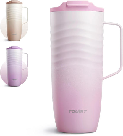 16 oz Insulated Travel Coffee Mug Stainless Steel Tumbler, Khaki | Vacuum insulated travel mug with ripple-wave anti-slip grip, leakproof lid & silicone bottom, fits standard car cup holders