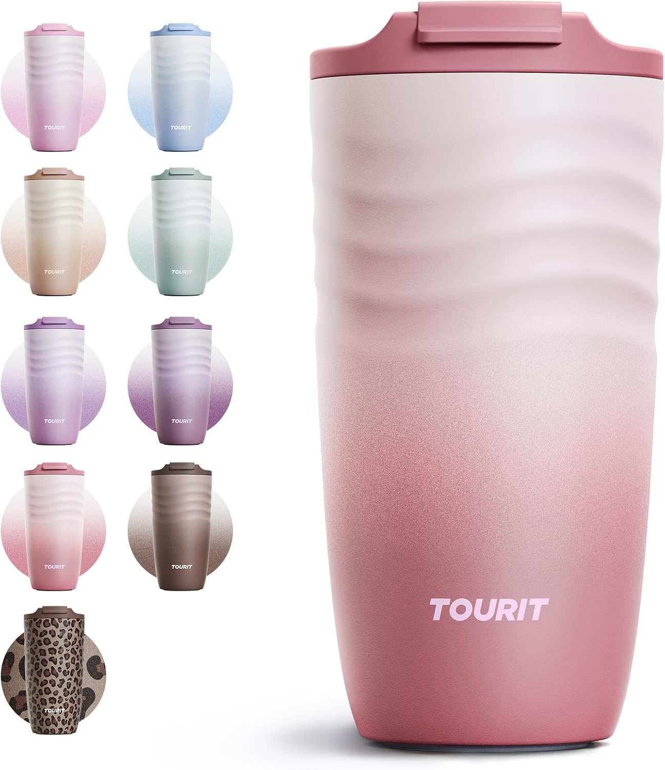 16 oz Insulated Travel Coffee Mug Stainless Steel Tumbler, Khaki | Vacuum insulated travel mug with ripple-wave anti-slip grip, leakproof lid & silicone bottom, fits standard car cup holders