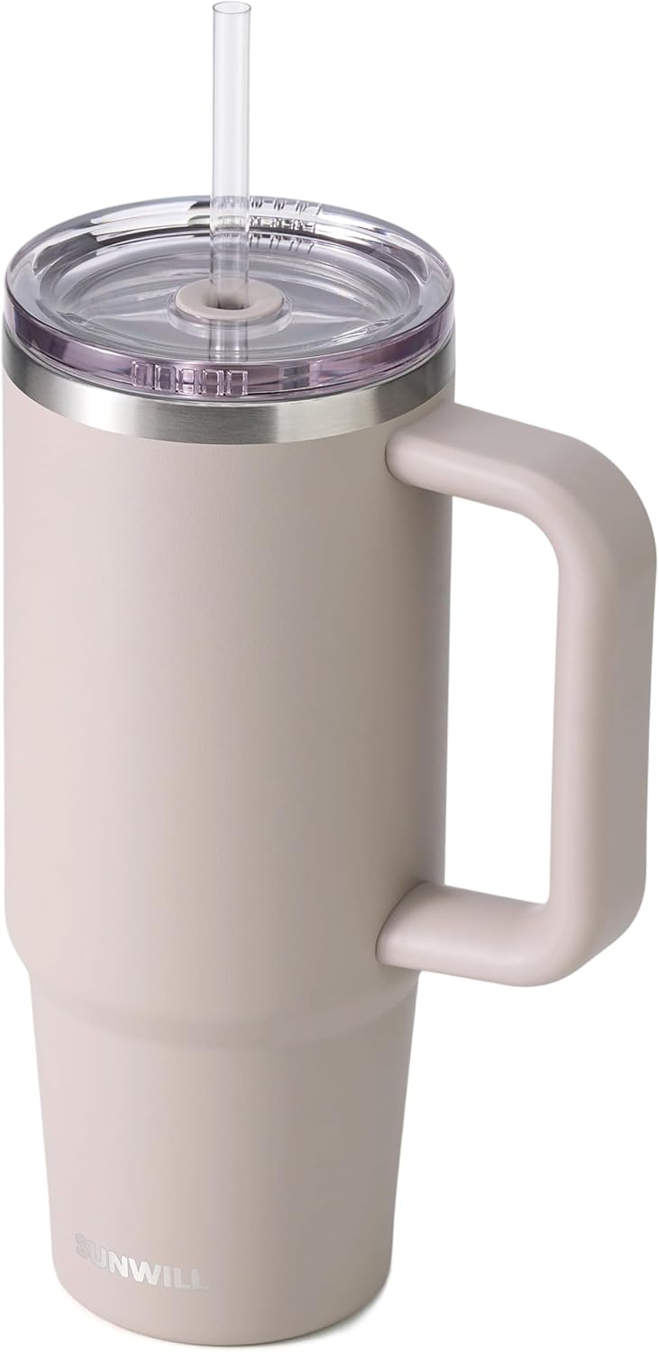 Insulated Coffee Tumbler with Handle, 30oz Stainless Steel Travel Mug with Straw, Spill Resistant Lid, Cup Holder Friendly, Powder Coated Muted Violet
