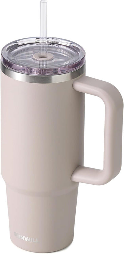 Insulated Coffee Tumbler with Handle, 30oz Stainless Steel Travel Mug with Straw, Spill Resistant Lid, Cup Holder Friendly, Powder Coated Muted Violet