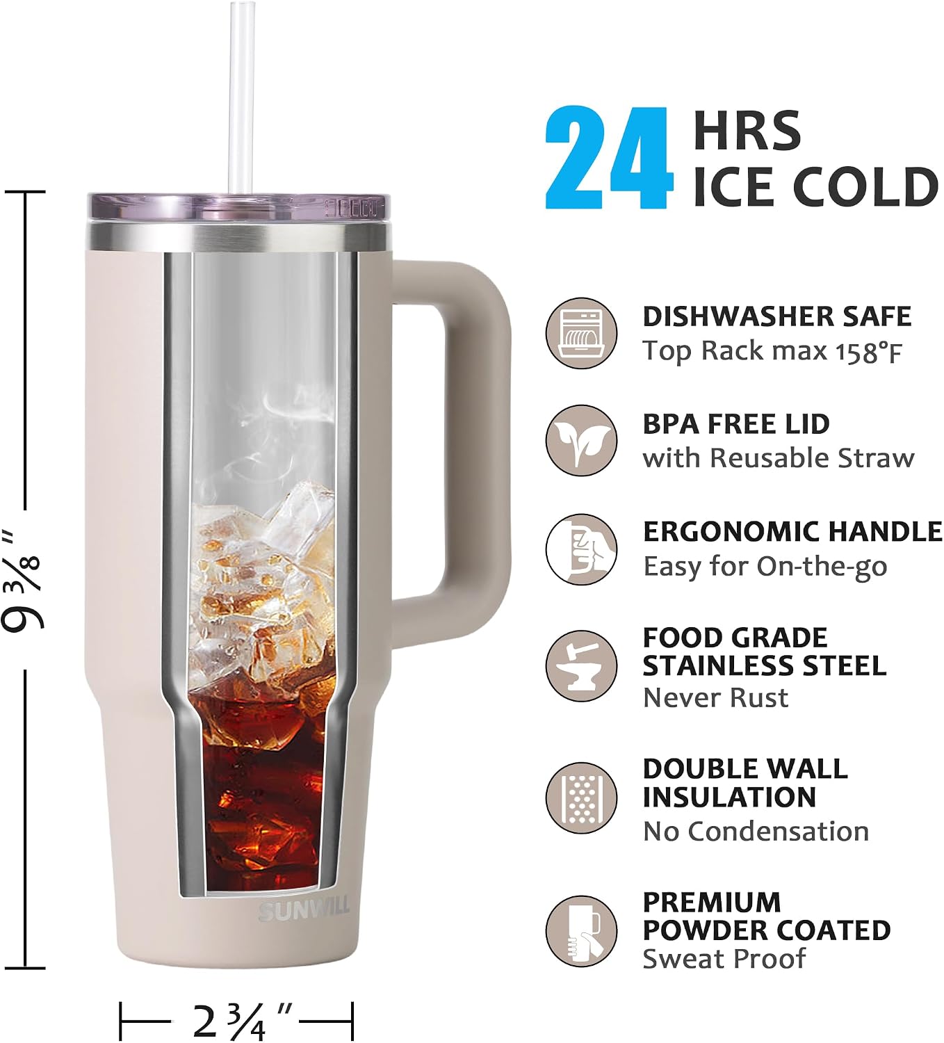 Insulated Coffee Tumbler with Handle, 30oz Stainless Steel Travel Mug with Straw, Spill Resistant Lid, Cup Holder Friendly, Powder Coated Muted Violet