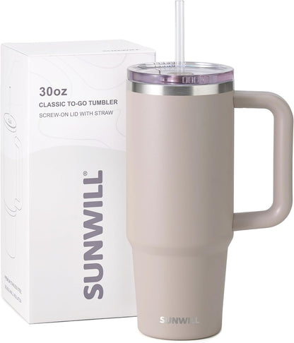 Insulated Coffee Tumbler with Handle, 30oz Stainless Steel Travel Mug with Straw, Spill Resistant Lid, Cup Holder Friendly, Powder Coated Muted Violet