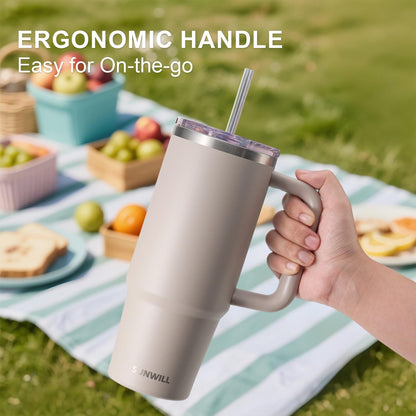 Insulated Coffee Tumbler with Handle, 30oz Stainless Steel Travel Mug with Straw, Spill Resistant Lid, Cup Holder Friendly, Powder Coated Muted Violet