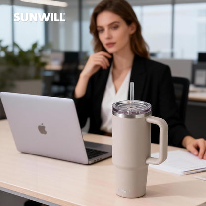 Insulated Coffee Tumbler with Handle, 30oz Stainless Steel Travel Mug with Straw, Spill Resistant Lid, Cup Holder Friendly, Powder Coated Muted Violet
