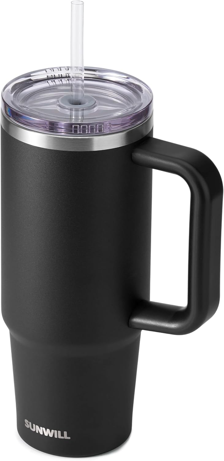 Insulated Coffee Tumbler with Handle, 30oz Stainless Steel Travel Mug with Straw, Spill Resistant Lid, Cup Holder Friendly, Powder Coated Muted Violet