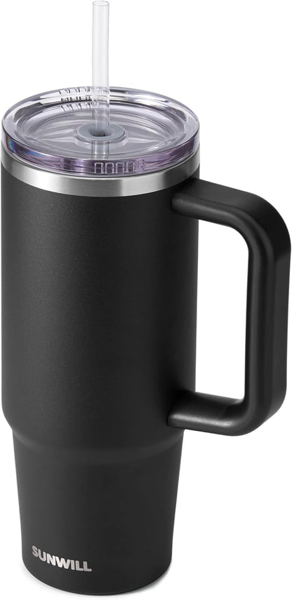 Insulated Coffee Tumbler with Handle, 30oz Stainless Steel Travel Mug with Straw, Spill Resistant Lid, Cup Holder Friendly, Powder Coated Muted Violet