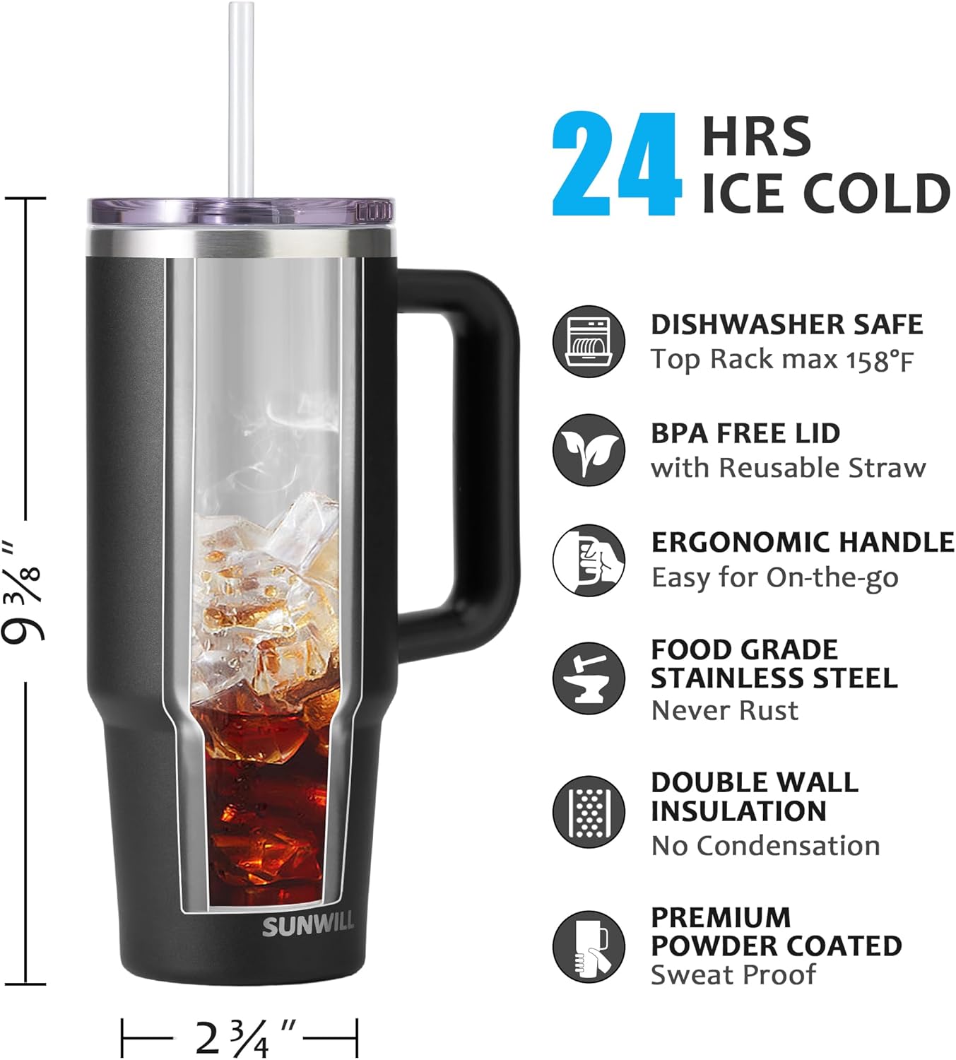Insulated Coffee Tumbler with Handle, 30oz Stainless Steel Travel Mug with Straw, Spill Resistant Lid, Cup Holder Friendly, Powder Coated Muted Violet