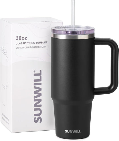 Insulated Coffee Tumbler with Handle, 30oz Stainless Steel Travel Mug with Straw, Spill Resistant Lid, Cup Holder Friendly, Powder Coated Muted Violet