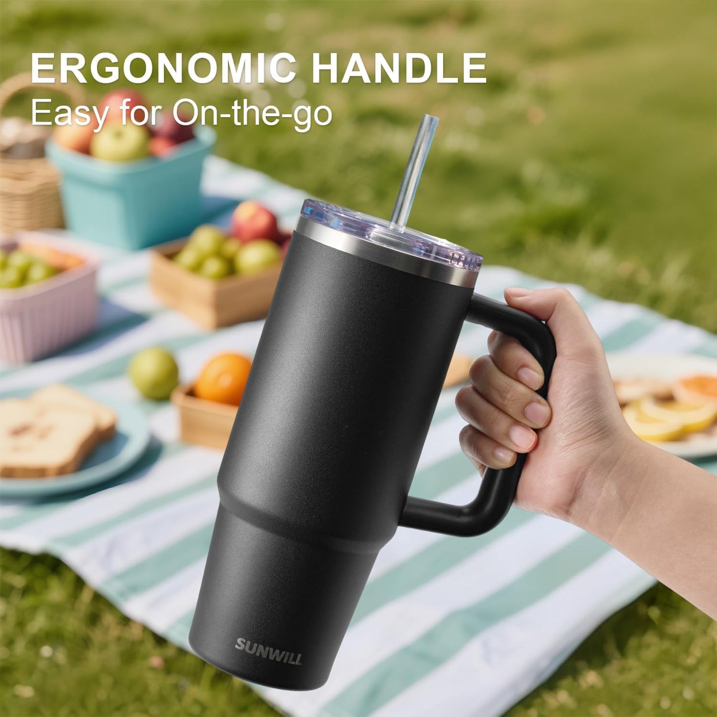 Insulated Coffee Tumbler with Handle, 30oz Stainless Steel Travel Mug with Straw, Spill Resistant Lid, Cup Holder Friendly, Powder Coated Muted Violet