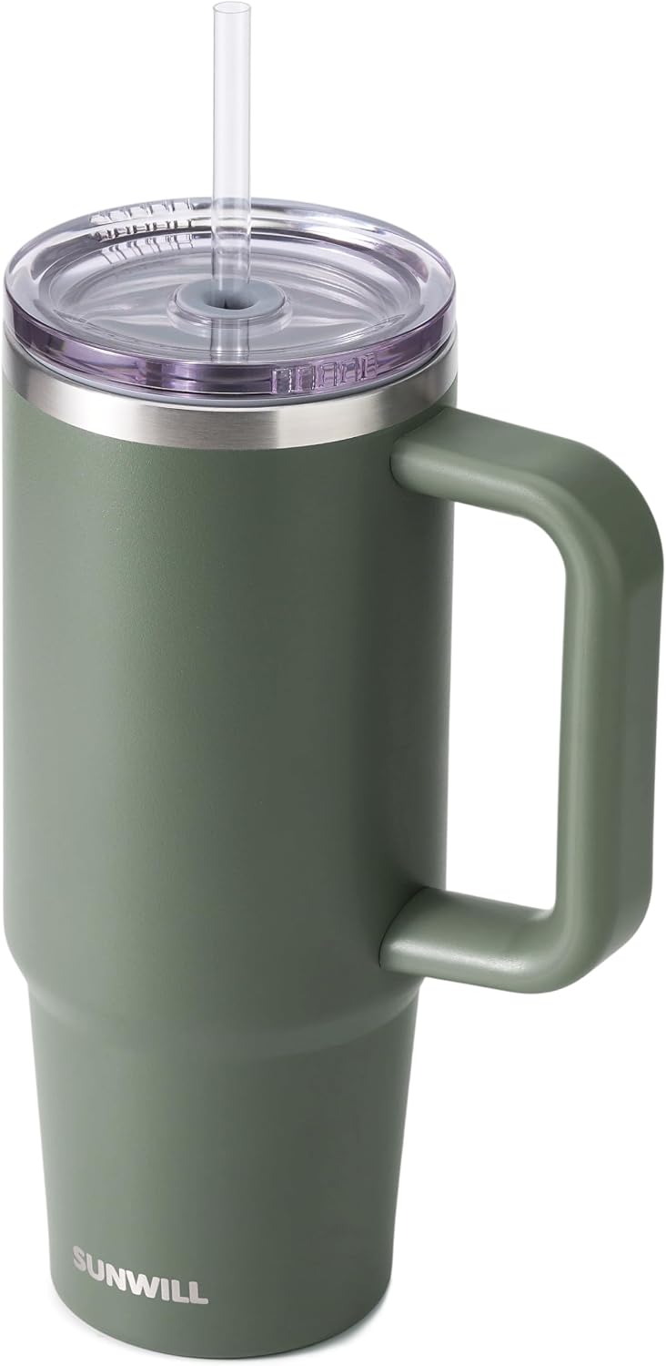 Insulated Coffee Tumbler with Handle, 30oz Stainless Steel Travel Mug with Straw, Spill Resistant Lid, Cup Holder Friendly, Powder Coated Muted Violet