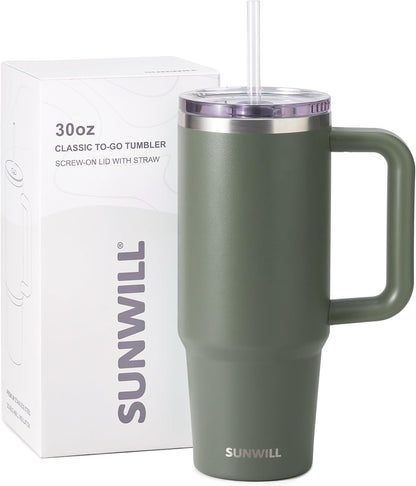 Insulated Coffee Tumbler with Handle, 30oz Stainless Steel Travel Mug with Straw, Spill Resistant Lid, Cup Holder Friendly, Powder Coated Muted Violet