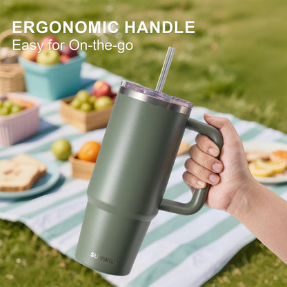 Insulated Coffee Tumbler with Handle, 30oz Stainless Steel Travel Mug with Straw, Spill Resistant Lid, Cup Holder Friendly, Powder Coated Muted Violet