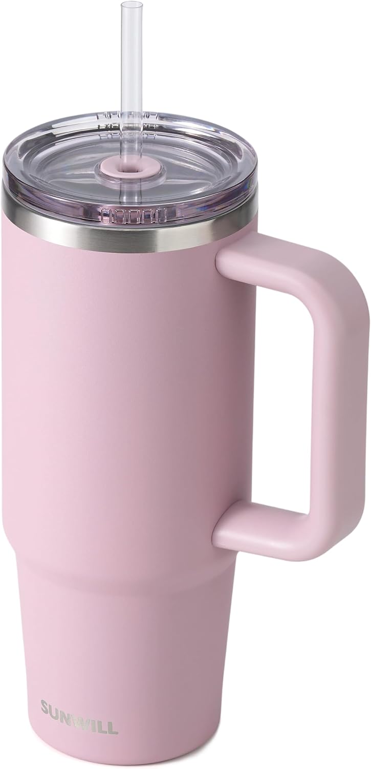 Insulated Coffee Tumbler with Handle, 30oz Stainless Steel Travel Mug with Straw, Spill Resistant Lid, Cup Holder Friendly, Powder Coated Muted Violet