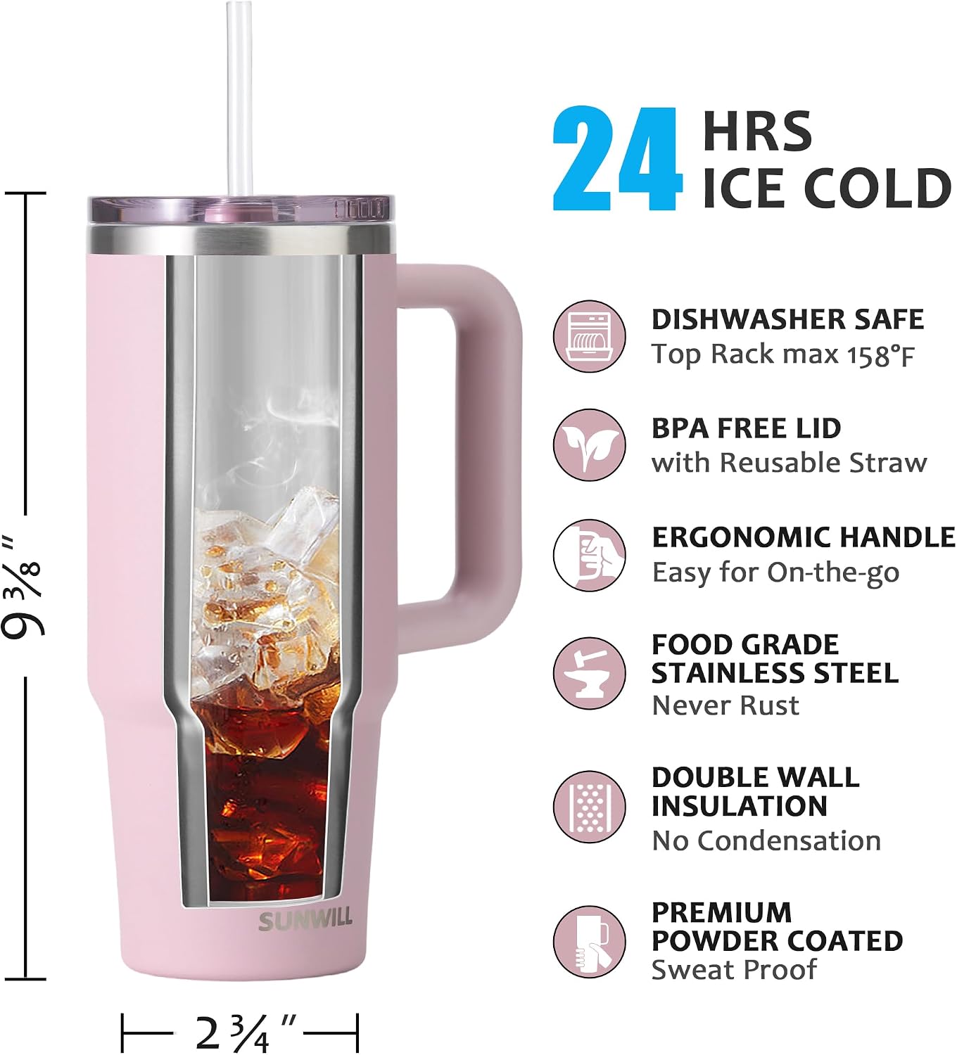 Insulated Coffee Tumbler with Handle, 30oz Stainless Steel Travel Mug with Straw, Spill Resistant Lid, Cup Holder Friendly, Powder Coated Muted Violet
