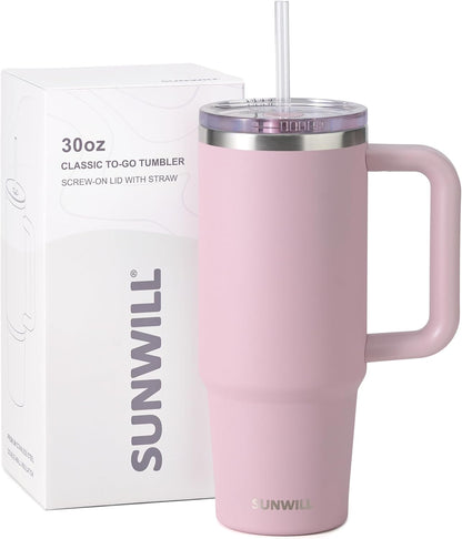 Insulated Coffee Tumbler with Handle, 30oz Stainless Steel Travel Mug with Straw, Spill Resistant Lid, Cup Holder Friendly, Powder Coated Muted Violet