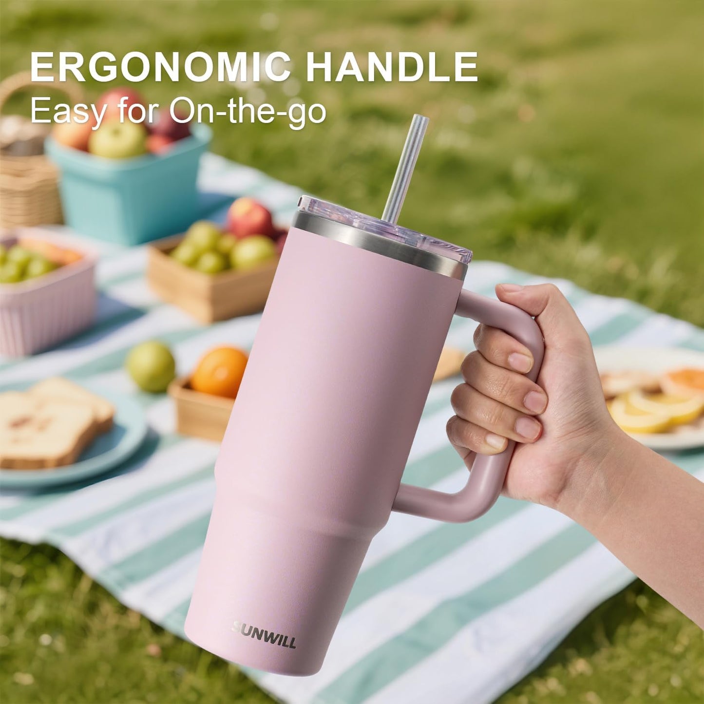 Insulated Coffee Tumbler with Handle, 30oz Stainless Steel Travel Mug with Straw, Spill Resistant Lid, Cup Holder Friendly, Powder Coated Muted Violet