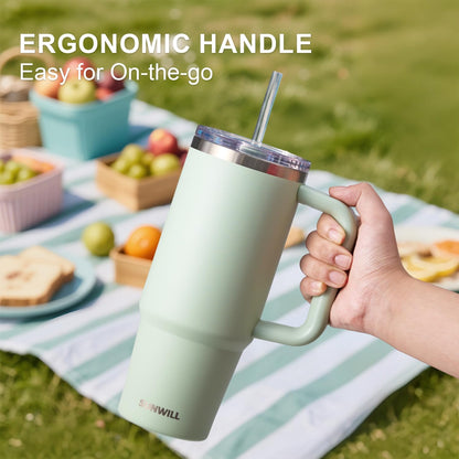 Insulated Coffee Tumbler with Handle, 30oz Stainless Steel Travel Mug with Straw, Spill Resistant Lid, Cup Holder Friendly, Powder Coated Muted Violet
