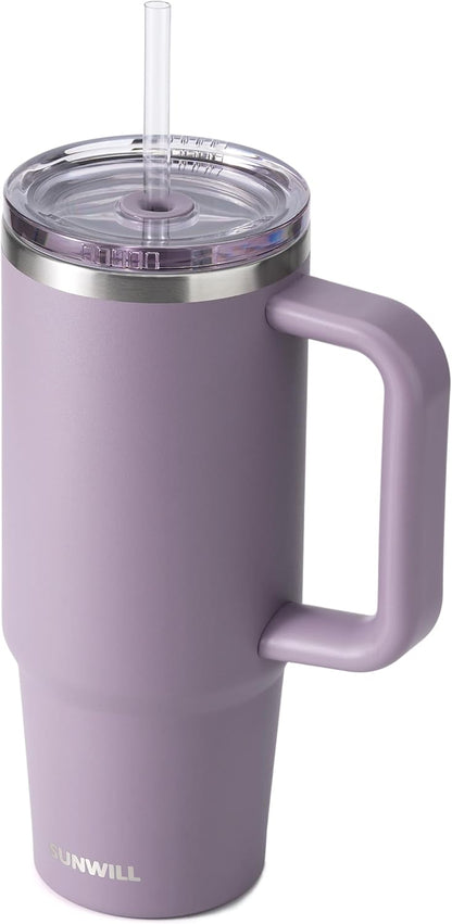 Insulated Coffee Tumbler with Handle, 30oz Stainless Steel Travel Mug with Straw, Spill Resistant Lid, Cup Holder Friendly, Powder Coated Muted Violet