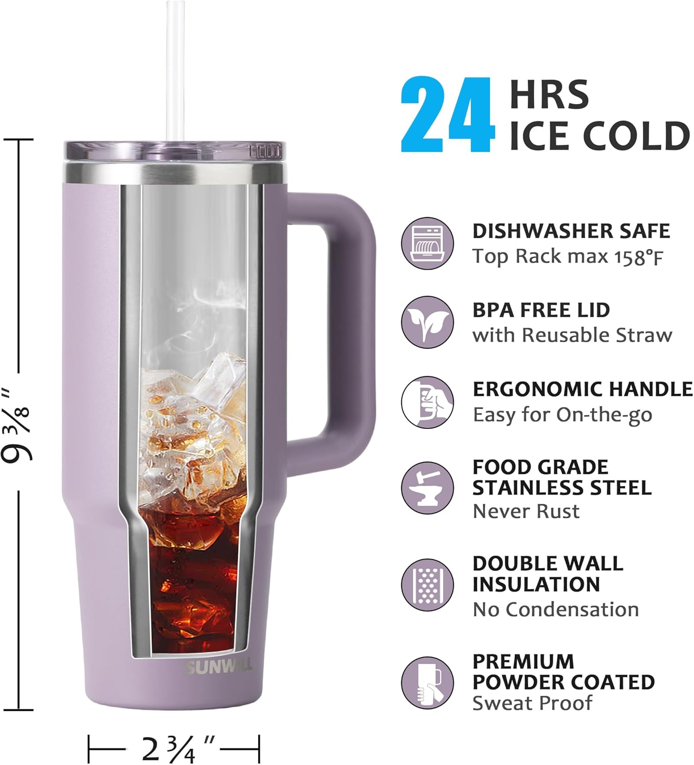 Insulated Coffee Tumbler with Handle, 30oz Stainless Steel Travel Mug with Straw, Spill Resistant Lid, Cup Holder Friendly, Powder Coated Muted Violet