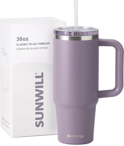 Insulated Coffee Tumbler with Handle, 30oz Stainless Steel Travel Mug with Straw, Spill Resistant Lid, Cup Holder Friendly, Powder Coated Muted Violet