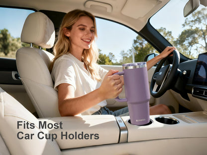 Insulated Coffee Tumbler with Handle, 30oz Stainless Steel Travel Mug with Straw, Spill Resistant Lid, Cup Holder Friendly, Powder Coated Muted Violet
