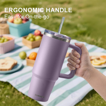 Insulated Coffee Tumbler with Handle, 30oz Stainless Steel Travel Mug with Straw, Spill Resistant Lid, Cup Holder Friendly, Powder Coated Muted Violet