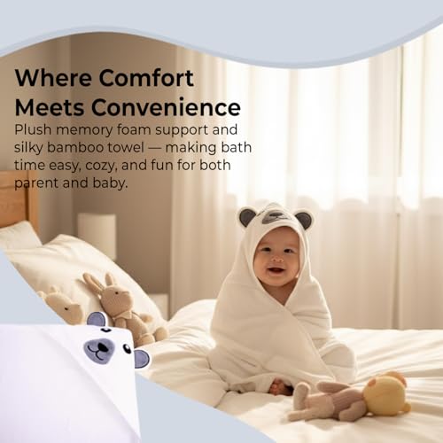Gray Bath Kneeler & Elbow Rest Pad Set with Baby Bath Towel, Hooded, Bear