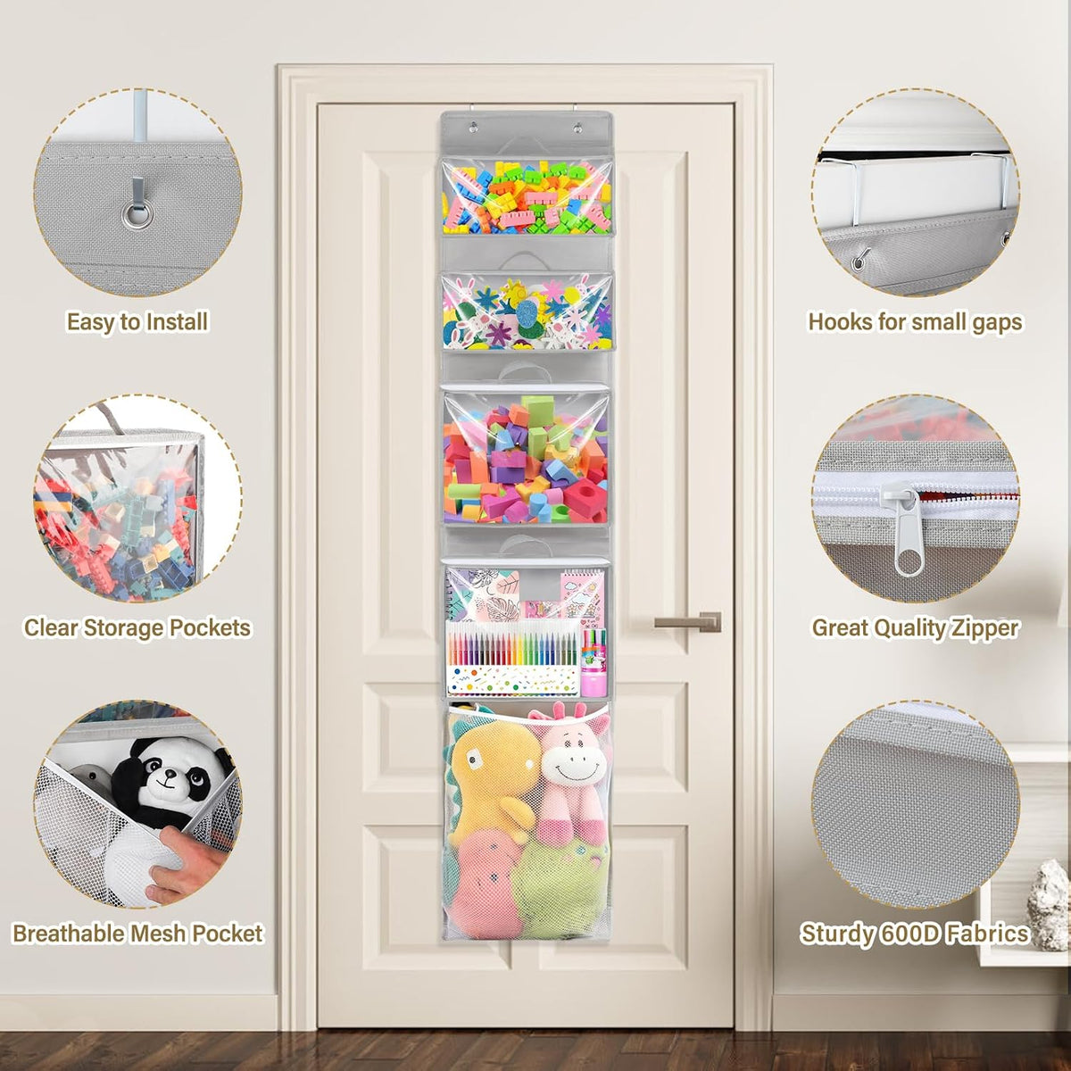 Over Door Toy Organizer, Hanging Stuffed Animal Storage with Removable Bags