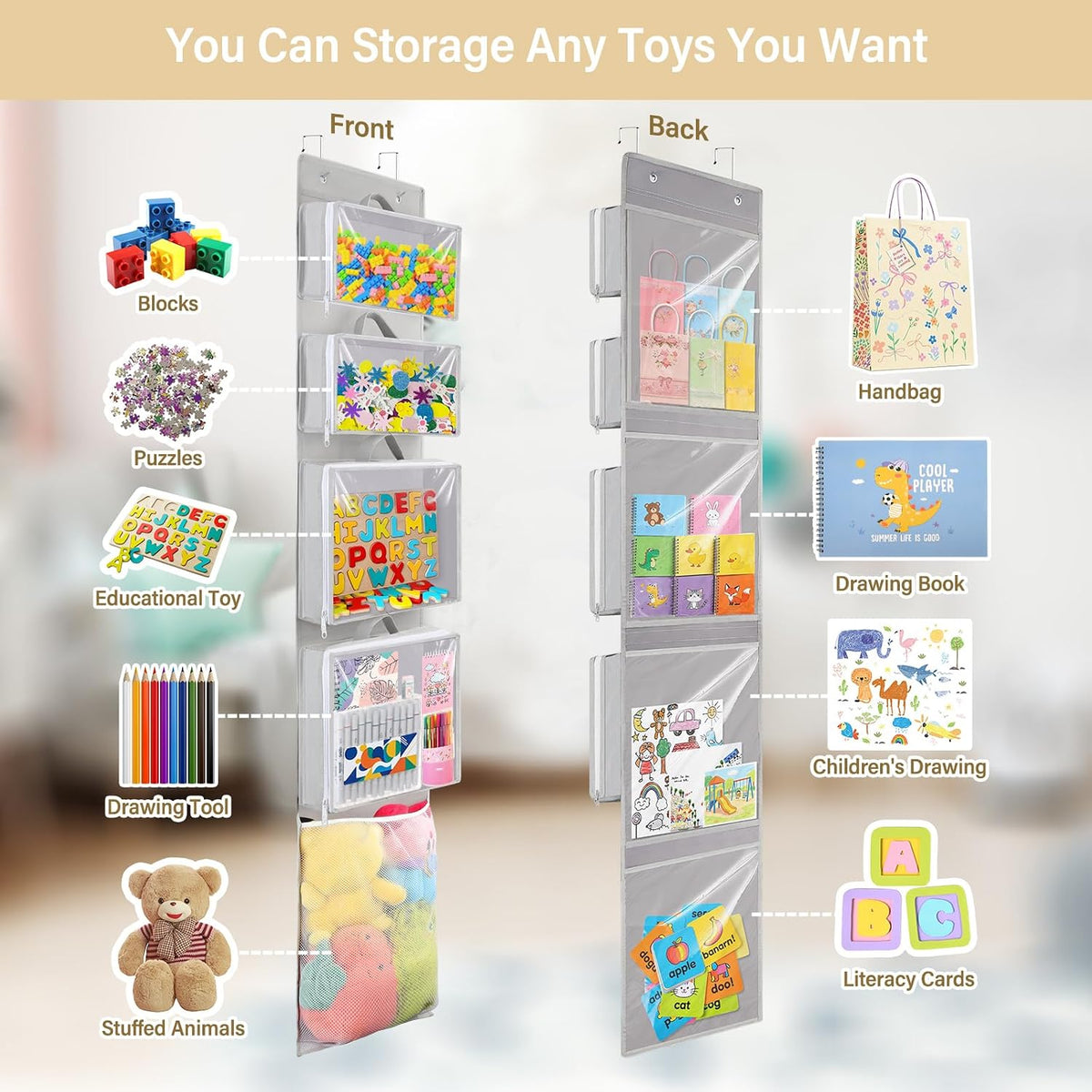 Over Door Toy Organizer, Hanging Stuffed Animal Storage with Removable Bags