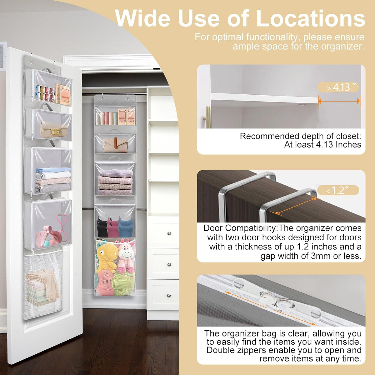 Over Door Toy Organizer, Hanging Stuffed Animal Storage with Removable Bags
