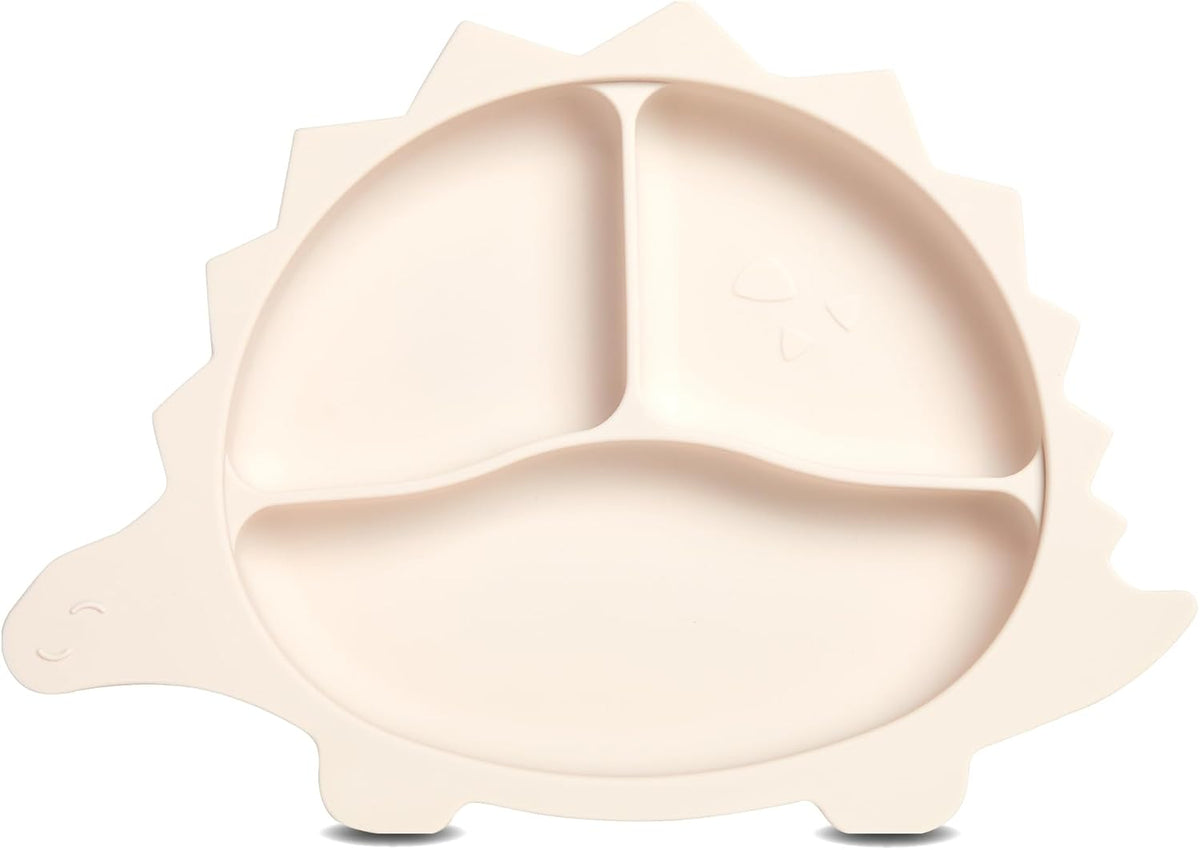 Children's Plate Non-Slip with Suction Cup "Dino" Food Grade Silicone Plate for Children Plate Baby - W 26.5 cm x L 18.8 cm x H 3.2 cm - BLW Baby LED Weaning Accessories Beige