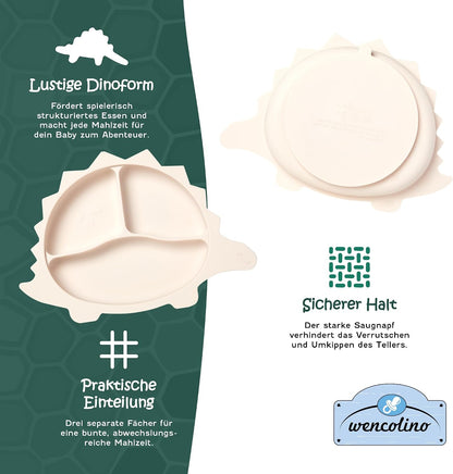 Children's Plate Non-Slip with Suction Cup "Dino" Food Grade Silicone Plate for Children Plate Baby - W 26.5 cm x L 18.8 cm x H 3.2 cm - BLW Baby LED Weaning Accessories Beige