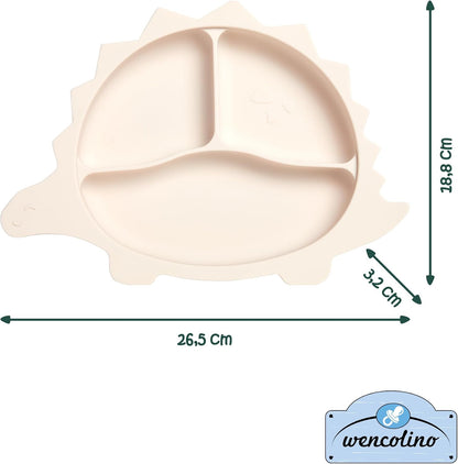Children's Plate Non-Slip with Suction Cup "Dino" Food Grade Silicone Plate for Children Plate Baby - W 26.5 cm x L 18.8 cm x H 3.2 cm - BLW Baby LED Weaning Accessories Beige