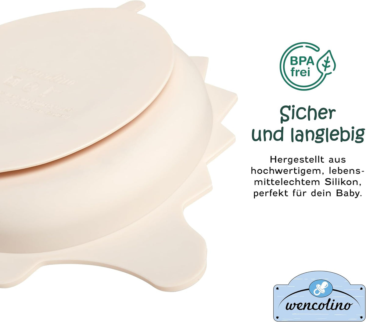 Children's Plate Non-Slip with Suction Cup "Dino" Food Grade Silicone Plate for Children Plate Baby - W 26.5 cm x L 18.8 cm x H 3.2 cm - BLW Baby LED Weaning Accessories Beige