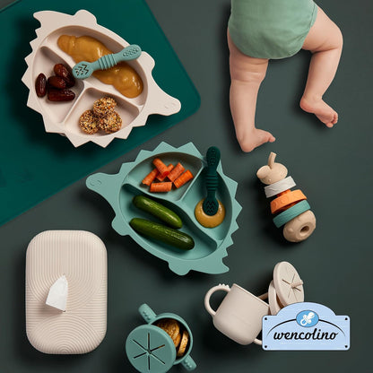 Children's Plate Non-Slip with Suction Cup "Dino" Food Grade Silicone Plate for Children Plate Baby - W 26.5 cm x L 18.8 cm x H 3.2 cm - BLW Baby LED Weaning Accessories Beige