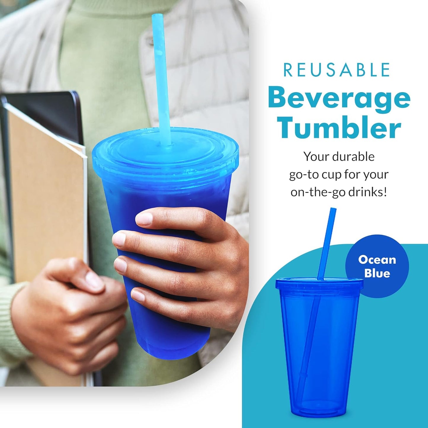 Simple Green Solutions - Acrylic Double Wall Cup for Cold Drinks, Reusable Cups with Lids and Straws, Insulated Plastic Tumblers with Lids and Straw, Acrylic Tumblers, 16 oz Capacity, Orange