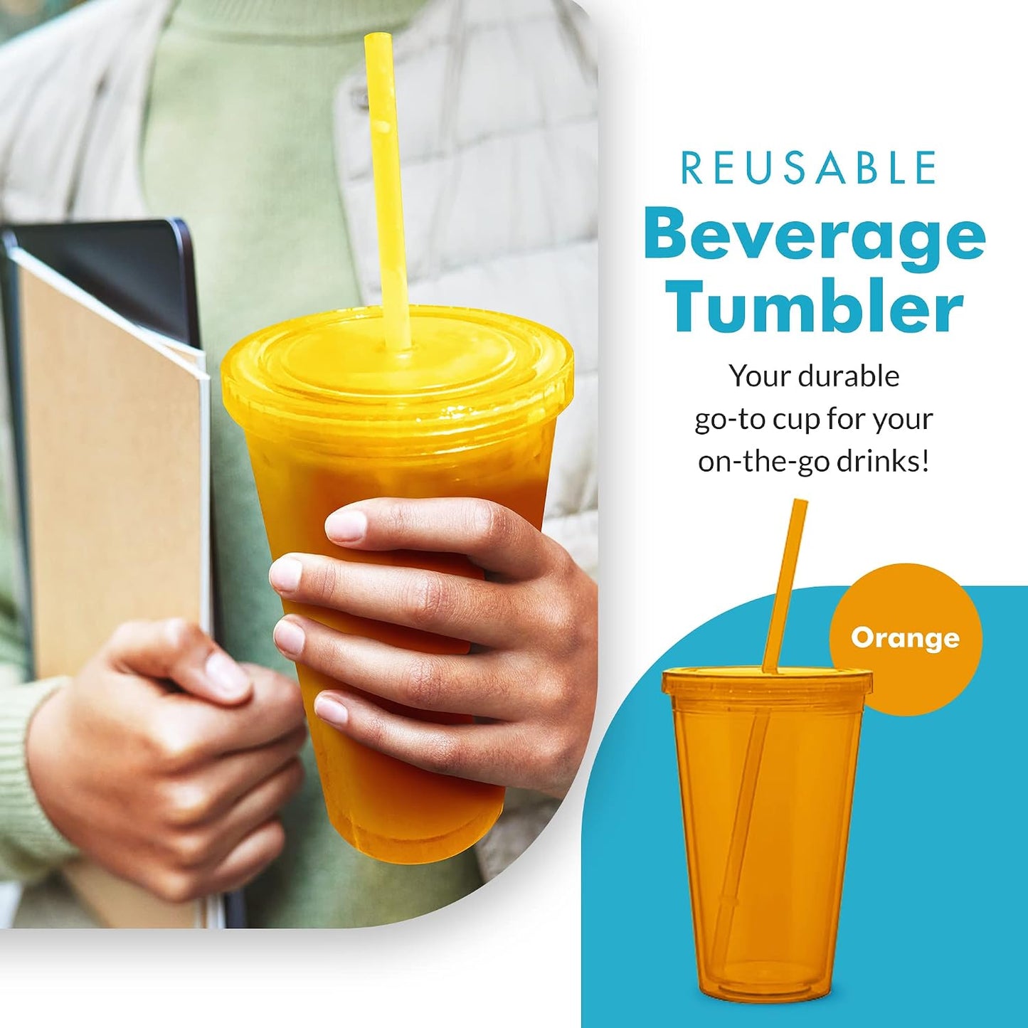 Simple Green Solutions - Acrylic Double Wall Cup for Cold Drinks, Reusable Cups with Lids and Straws, Insulated Plastic Tumblers with Lids and Straw, Acrylic Tumblers, 16 oz Capacity, Orange
