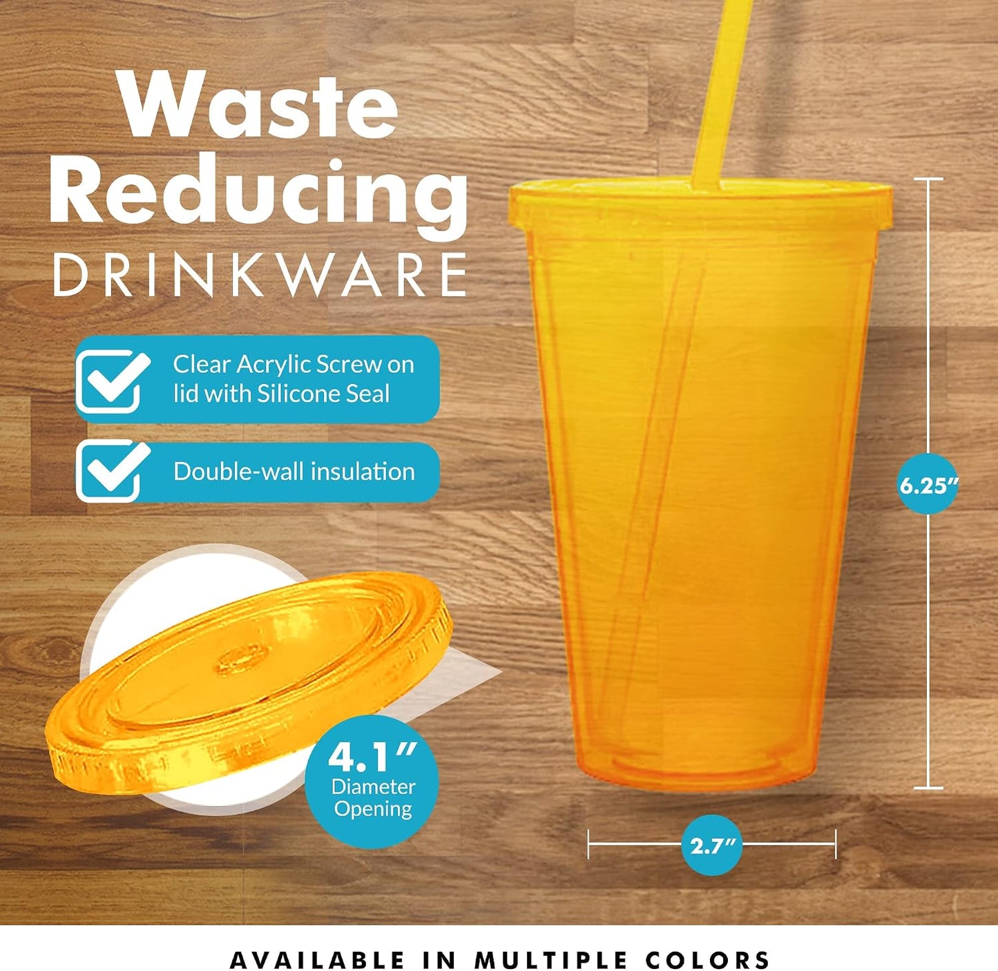 Simple Green Solutions - Acrylic Double Wall Cup for Cold Drinks, Reusable Cups with Lids and Straws, Insulated Plastic Tumblers with Lids and Straw, Acrylic Tumblers, 16 oz Capacity, Orange