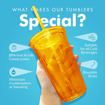 Simple Green Solutions - Acrylic Double Wall Cup for Cold Drinks, Reusable Cups with Lids and Straws, Insulated Plastic Tumblers with Lids and Straw, Acrylic Tumblers, 16 oz Capacity, Orange