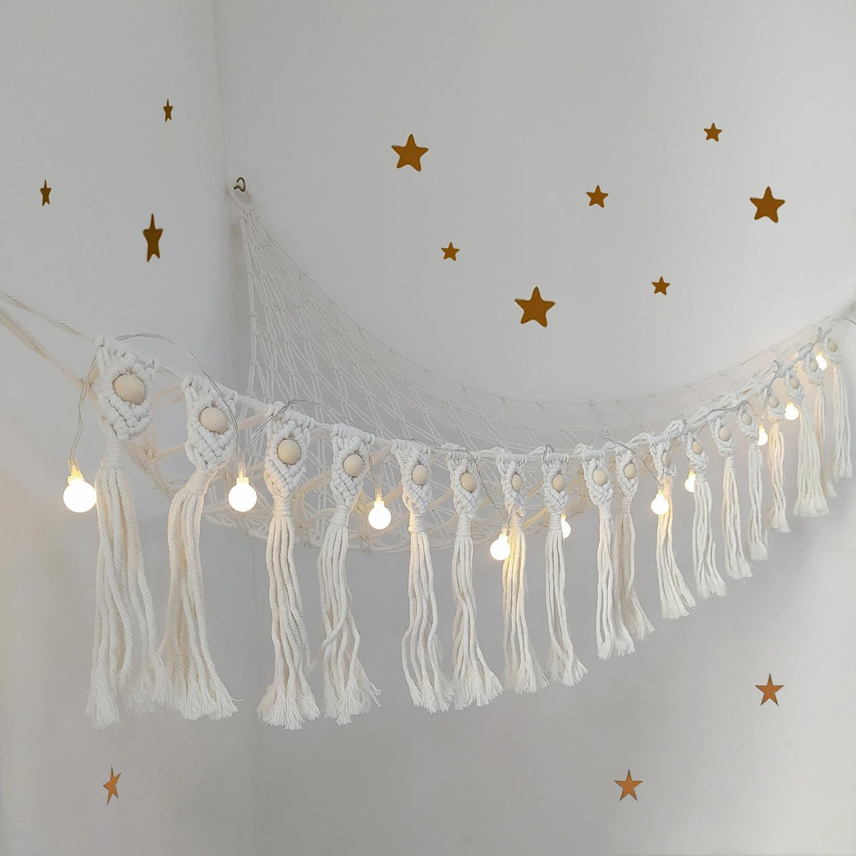 Large Stuffed Animal Net or Hammock, Boho Macrame Toy Hammock with LED Lights, Decorate Room Space Saving Pet Net for Stuffed Animals, Suitable for Nursery, Playroom, Kids Bedroom