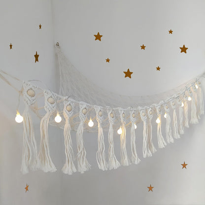 Large Stuffed Animal Net or Hammock, Boho Macrame Toy Hammock with LED Lights, Decorate Room Space Saving Pet Net for Stuffed Animals, Suitable for Nursery, Playroom, Kids Bedroom