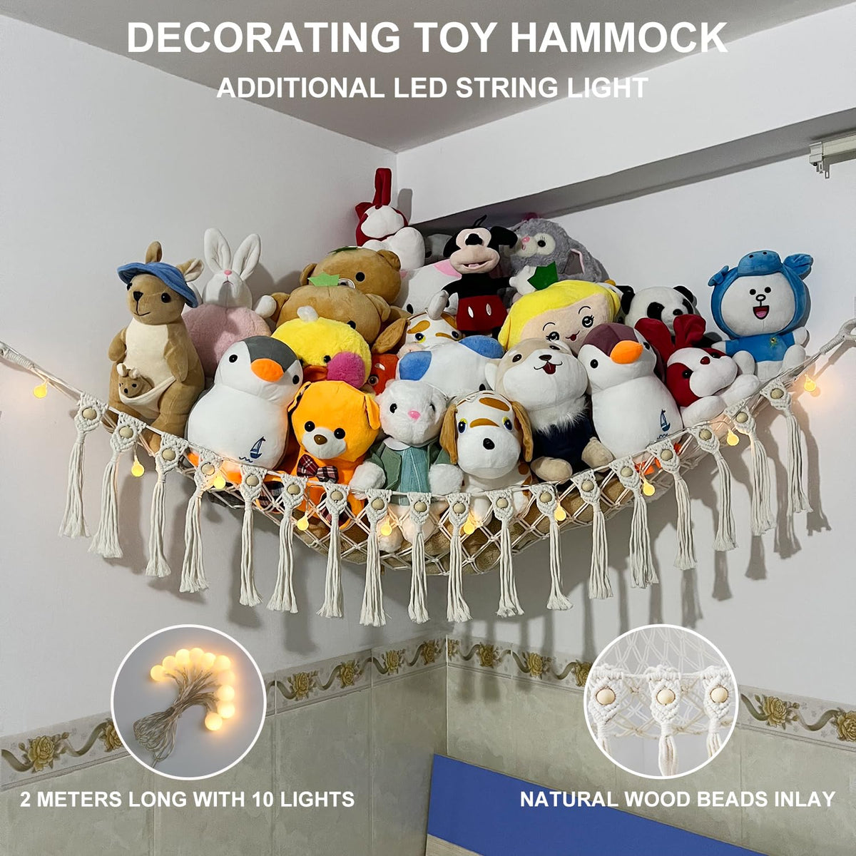 Large Stuffed Animal Net or Hammock, Boho Macrame Toy Hammock with LED Lights, Decorate Room Space Saving Pet Net for Stuffed Animals, Suitable for Nursery, Playroom, Kids Bedroom