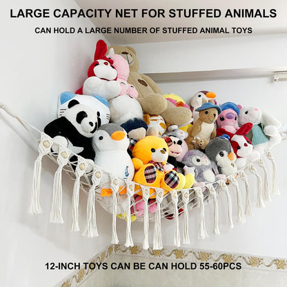 Large Stuffed Animal Net or Hammock, Boho Macrame Toy Hammock with LED Lights, Decorate Room Space Saving Pet Net for Stuffed Animals, Suitable for Nursery, Playroom, Kids Bedroom