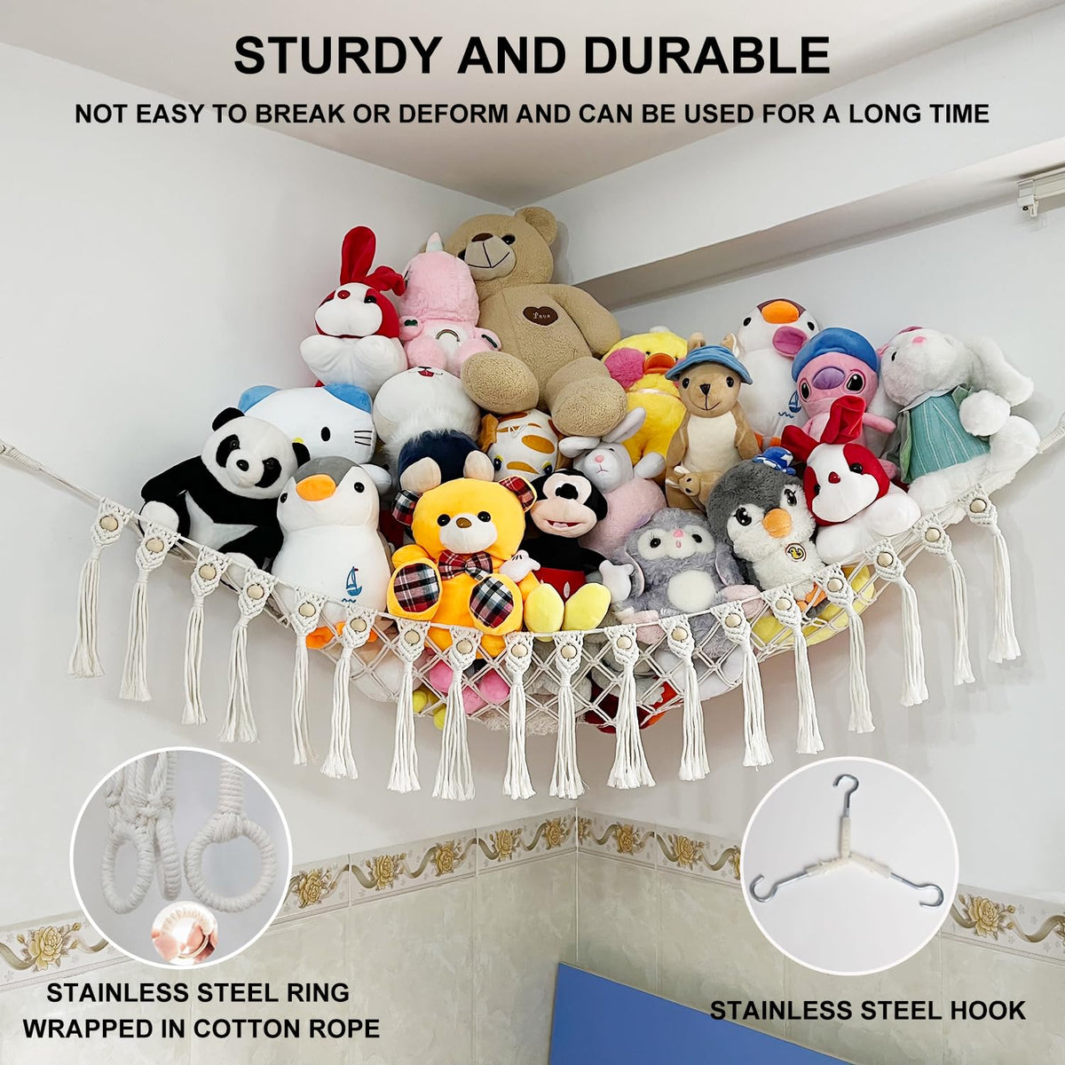 Large Stuffed Animal Net or Hammock, Boho Macrame Toy Hammock with LED Lights, Decorate Room Space Saving Pet Net for Stuffed Animals, Suitable for Nursery, Playroom, Kids Bedroom