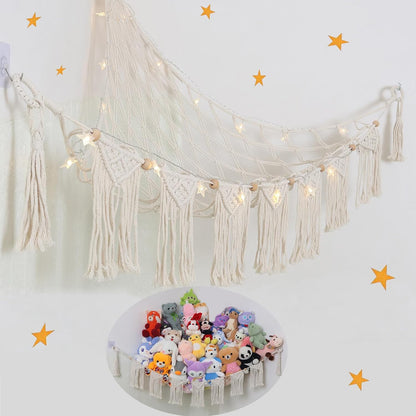 Large Stuffed Animal Net or Hammock, Boho Macrame Toy Hammock with LED Lights, Decorate Room Space Saving Pet Net for Stuffed Animals, Suitable for Nursery, Playroom, Kids Bedroom