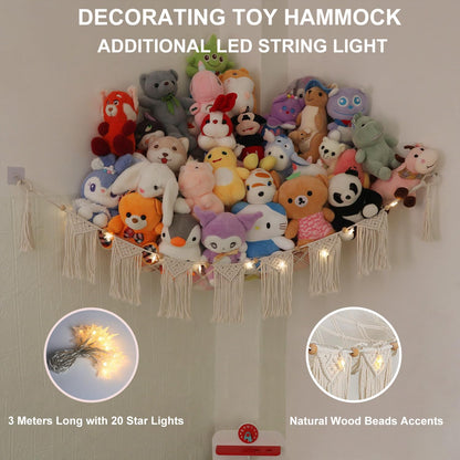 Large Stuffed Animal Net or Hammock, Boho Macrame Toy Hammock with LED Lights, Decorate Room Space Saving Pet Net for Stuffed Animals, Suitable for Nursery, Playroom, Kids Bedroom
