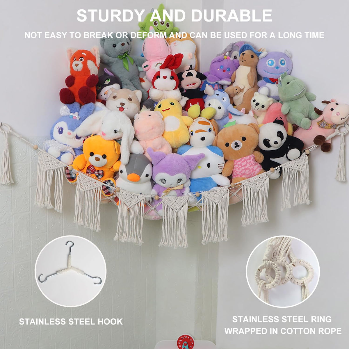 Large Stuffed Animal Net or Hammock, Boho Macrame Toy Hammock with LED Lights, Decorate Room Space Saving Pet Net for Stuffed Animals, Suitable for Nursery, Playroom, Kids Bedroom