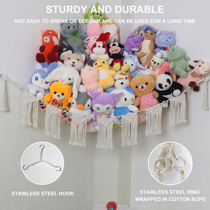 Large Stuffed Animal Net or Hammock, Boho Macrame Toy Hammock with LED Lights, Decorate Room Space Saving Pet Net for Stuffed Animals, Suitable for Nursery, Playroom, Kids Bedroom